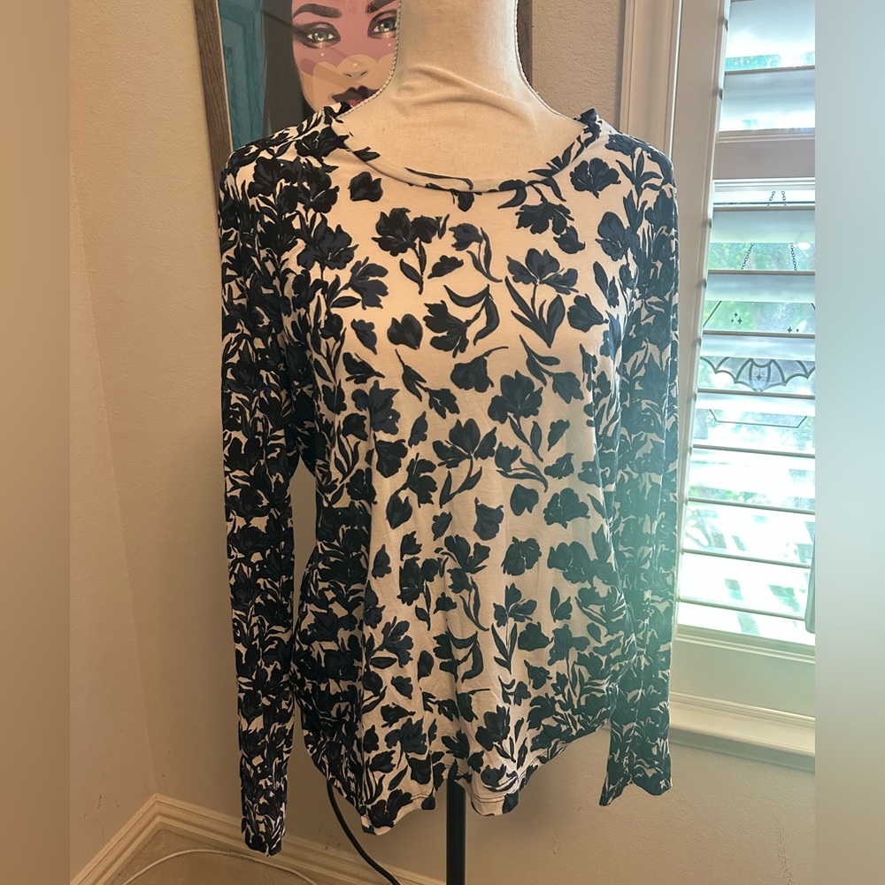 Tory Burch Pima Cotton Long Sleeve Blue Floral Crewneck Top XL - Picture 3 of 8